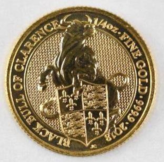 2018 British Gold Queens Beast Black Bull 1/4oz. .9999 Fine Gold