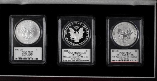 2012 S 3-Coin American Silver Eagle Set (PCGS) PR69, PR69DCAM & MS69 First Strike