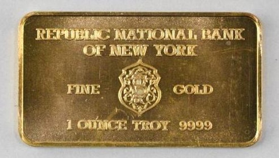 Heraeus Republic National Bank of New York 1oz. .999 Fine Gold Ingot/Bar
