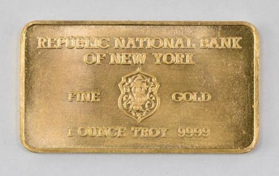 Heraeus Republic National Bank of New York 1oz. .999 Fine Gold Ingot/Bar