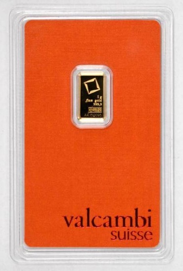 Valcambi Suisse 1 Gram .9999 Fine Gold Ingot/Bar