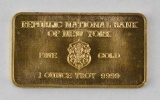 Heraeus Republic National Bank of New York 1oz. .999 Fine Gold Ingot/Bar