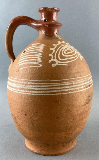 18th-19th Century Handled Redware Painted Clay Oil Jar