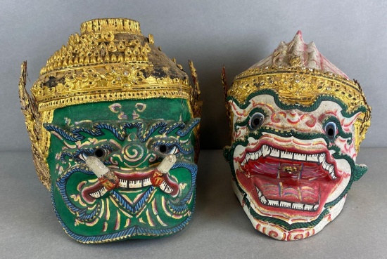 Vintage (2) Thai Polychrome Khon Dancers Masks