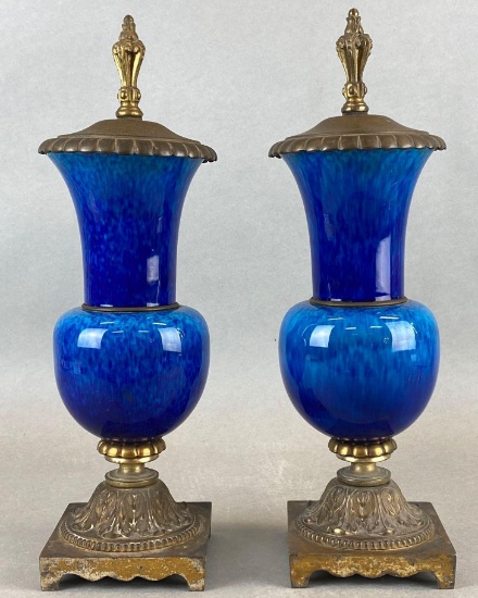 Antique Pair Decorative Brass and China Vases