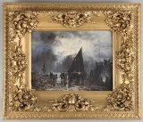 19th Century Impressionist Night Seaside Scene Oil Painting on canvas