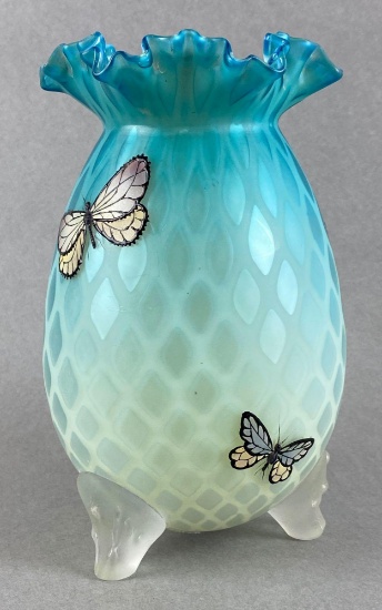 Antique Satin Footed Glass Vase with Hand Painted Butterflies