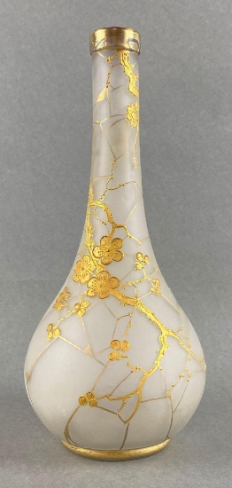 Antique Glass Vase with Hand Painted Cherry Blossom Design