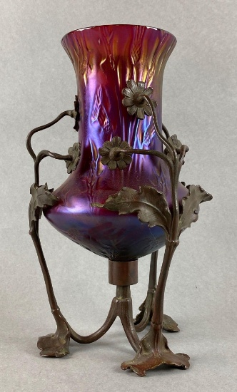 Antique Loetz Purple Iridescent Art Glass Vase with Bronze Mount
