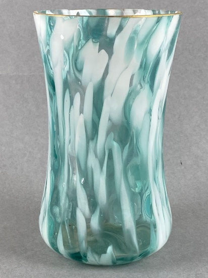 Antique Blue Opalescent Coin Dot Splatter Glass Vase