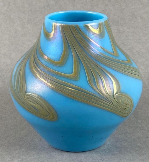 Antique Blue Opaque Art Glass Vase with Iridescent Decorations