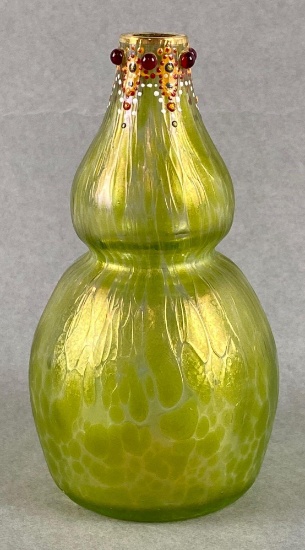 Antique Iridescent Green Glass Bud Vase with Hand Painted Design