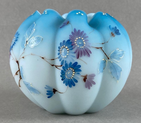 Antique Blue Opalescent Glass Rose Bowl with Floral Design