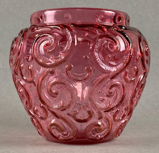 Antique Cranberry Pressed Glass Jar with Scrolling Design