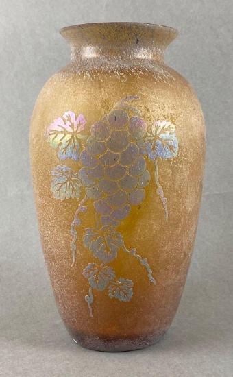 Vintage Acid Etched Glass Vase with Iridescent Grape Design