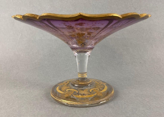 Antique Moser Glass Compote with Gilt Grape Design
