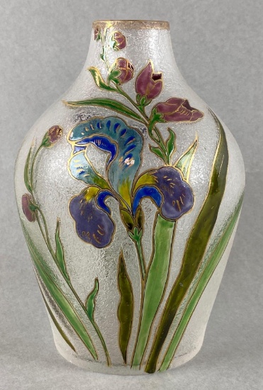 Fritz Heckert Glass Vase with Hand Painted Iris Design