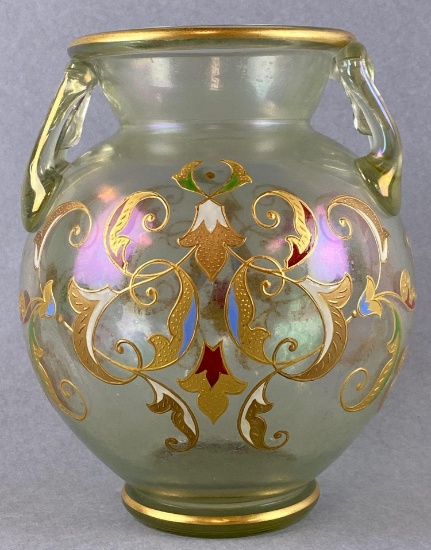 Antique Blown Glass Iridescent Handled Vase with Floral Decorations