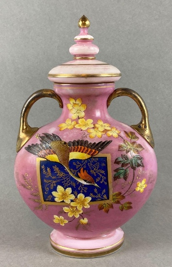 Antique Harrach Pink Glass Handled Urn with Lid and Phoenix Decorations