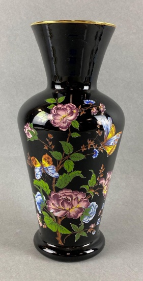 Antique Black Amethyst Glass Vase with Floral Decorations