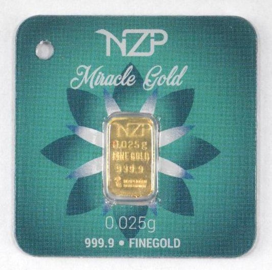 NZP Miracle Gold .025 Grams .9999 Fine Gold Ingot/Bar