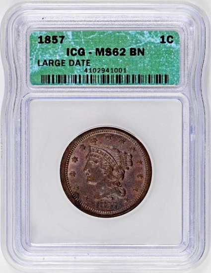 1857 Braided Hair Liberty Head Large Cent 1C PCGS MS62BN - Large Date –  Americana Rare Coin