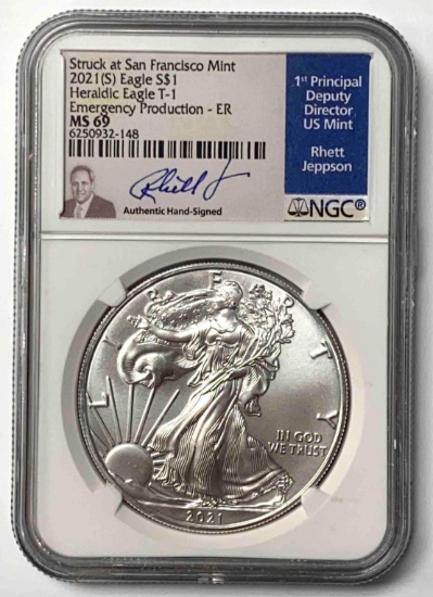 2021 S Silver American Eagle (NGC) MS69 Signed Rhett Jeppson