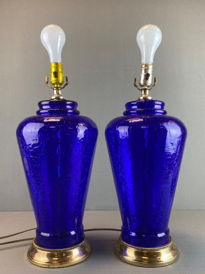 Pair of Cobalt Blue Crackle Glass Lamps