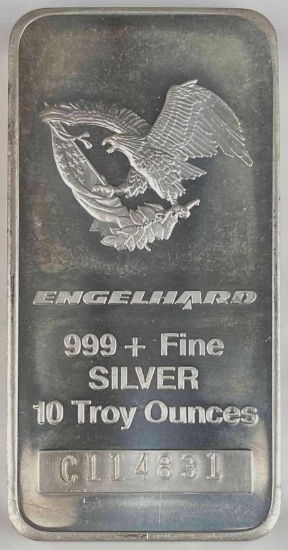 Engelhard 10oz. .999 Fine Silver Ingot/Bar Eagle Front Logo Back
