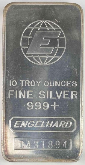 Engelhard 10oz. .999 Fine Silver Ingot/Bar Pebble Logo Back