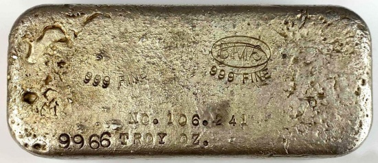 Vintage Hand Poured BMC .999 Fine Silver Bar 99.66 Troy Ounces Cool piece.