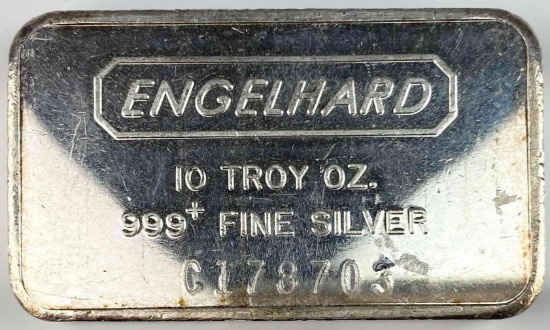 Engelhard 10oz. .999 Fine Silver Pebble Back Logo Ingot/Bar