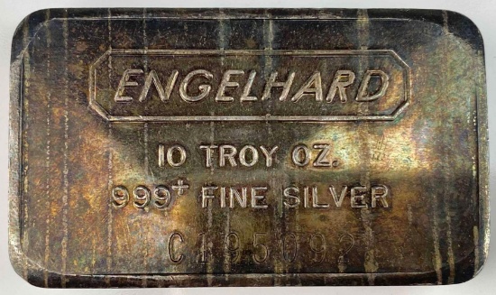 Engelhard 10oz. .999 Fine Silver Pebble Back Logo Horizontal Ingot/Bar TONED