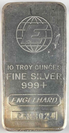 Engelhard 10oz. .999 Fine Silver Ingot/Bar Pebble Logo Back