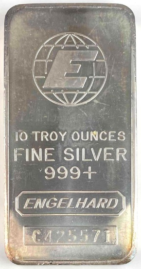 Engelhard 10oz. .999 Fine Silver Ingot/Bar Pebble Logo Back