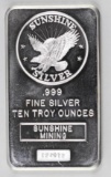 Sunshine Mining 10oz. .999 Fine Silver Ingot/Bar