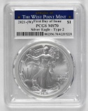 2021 W American Silver Eagle Type 2 - 1oz. (PCGS) MS70 First Day of Issue