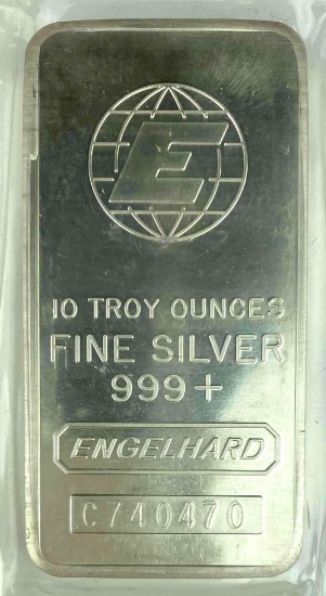 Engelhard E Logo Cast Vertical 10oz. .999 Fine Silver Ingot/Bar