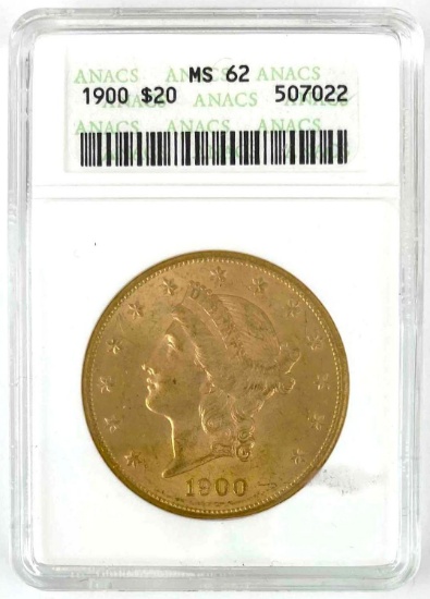 1900 $20 US Liberty Double Eagle Gold ANACS MS62