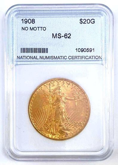 1908 No Motto Saint Gaudens US $20 Gold