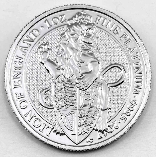 2017 U.K. 100 Pound 1 oz Platinum Tudor Beast Lion of England BU