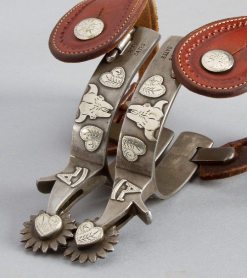 Pair of double mounted Spurs by the late Texas Bit and Spur Maker Jerry Cates.  Spur # 3218, heart a