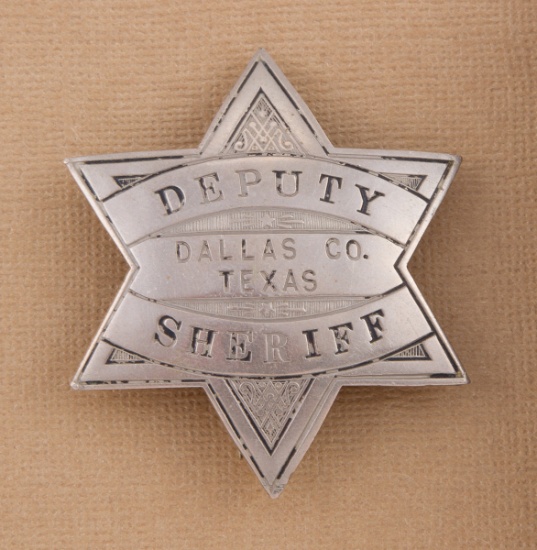 6 point star Badge,  "Deputy Sheriff, Dallas Co. Texas", 2  1/2" across star, showing correct wear,