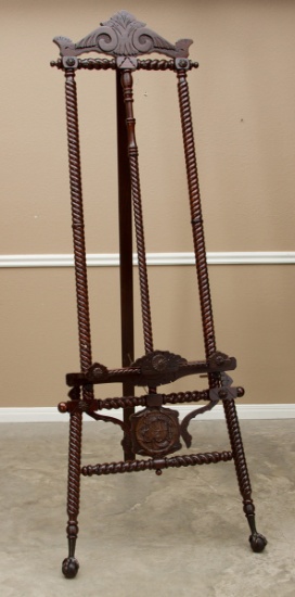 Fantastic antique, gallery model, carved Easel, 83 1/2" tall x 29" wide,  attributed to Hunzinger, c