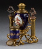 Antique brass and porcelain, table model Cigar or Pipe Lighter with match holder and striker, comple