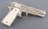 Finely engraved custom Colt, Mark IV Government Model, Semi- Automatic Pistol, 45 ACP cal., nickel f