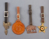 Collection of four vintage Watch Fobs with leather straps to include: A round-up Saddle marked Hamel
