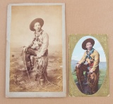 Vintage Cabinet Card and matching color Post Card of cowboy with fringed chaps, lariat & Colt single