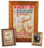 Four piece vintage collection of Tom Mix Memorabilia to include:  A vintage framed Circus Poster, da