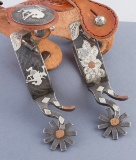 Showy pair of double mounted Spurs by Texas Bit and Spur Maker Steve White, #122, bucking horse over